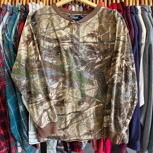 Vintage Camo Print Long Sleeve Henley Tee- Sz XL