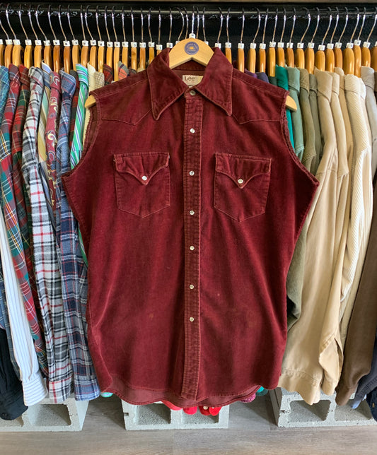 Vintage 1970’s Lee Cut Off Corduroy Pearl Snap Western Shirt- Sz Med