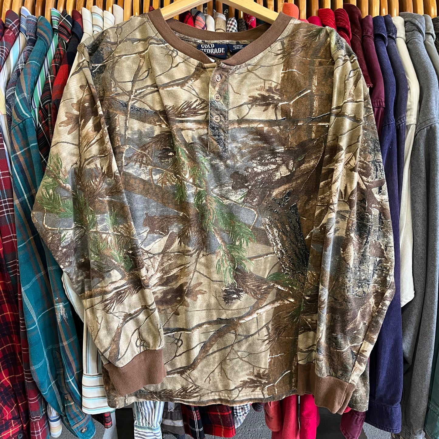 Vintage Camo Print Long Sleeve Henley Tee- Sz XL