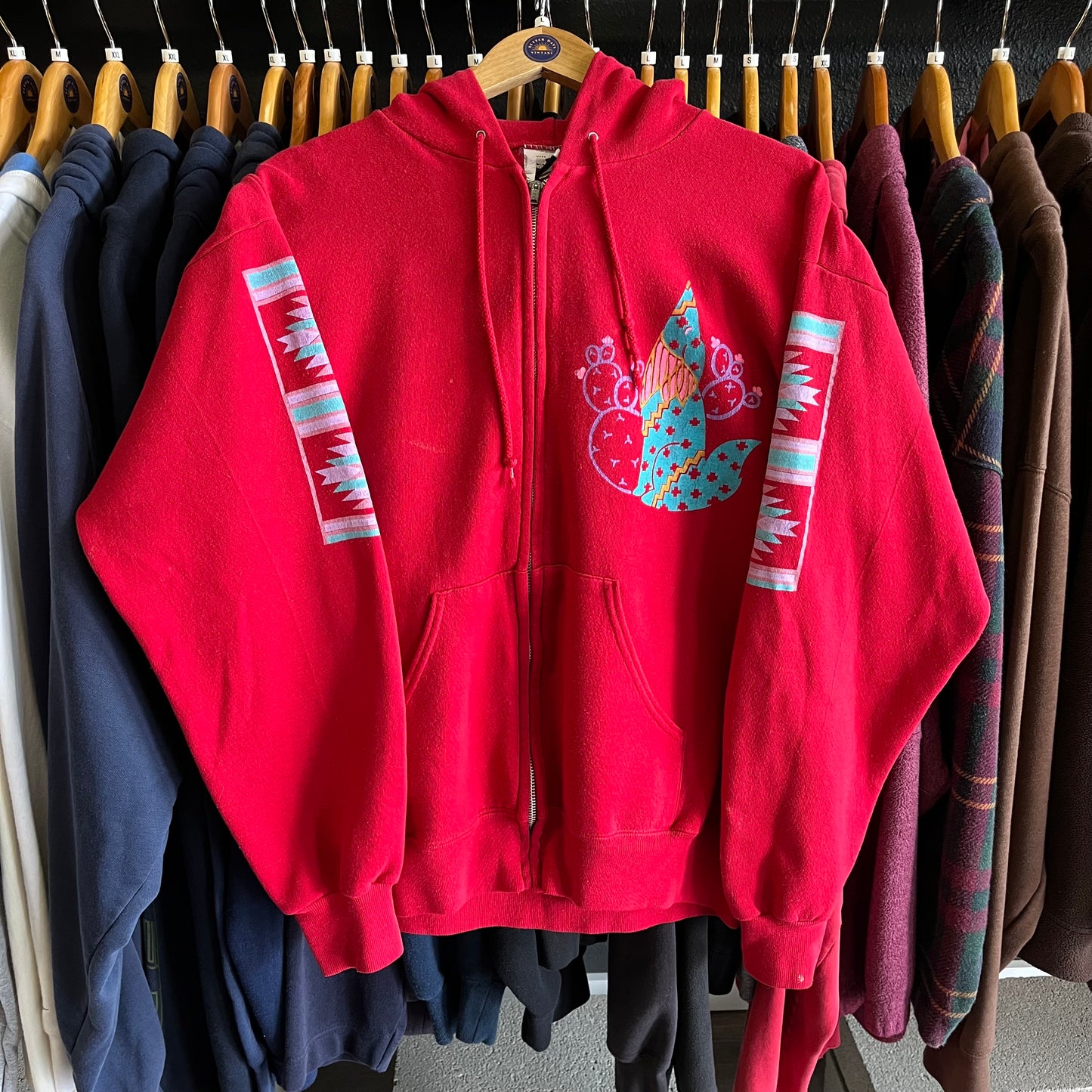 Lightly Distressed Vintage 90’s Southwestern Art-Wear Zip Up Hoodie- Sz Lg