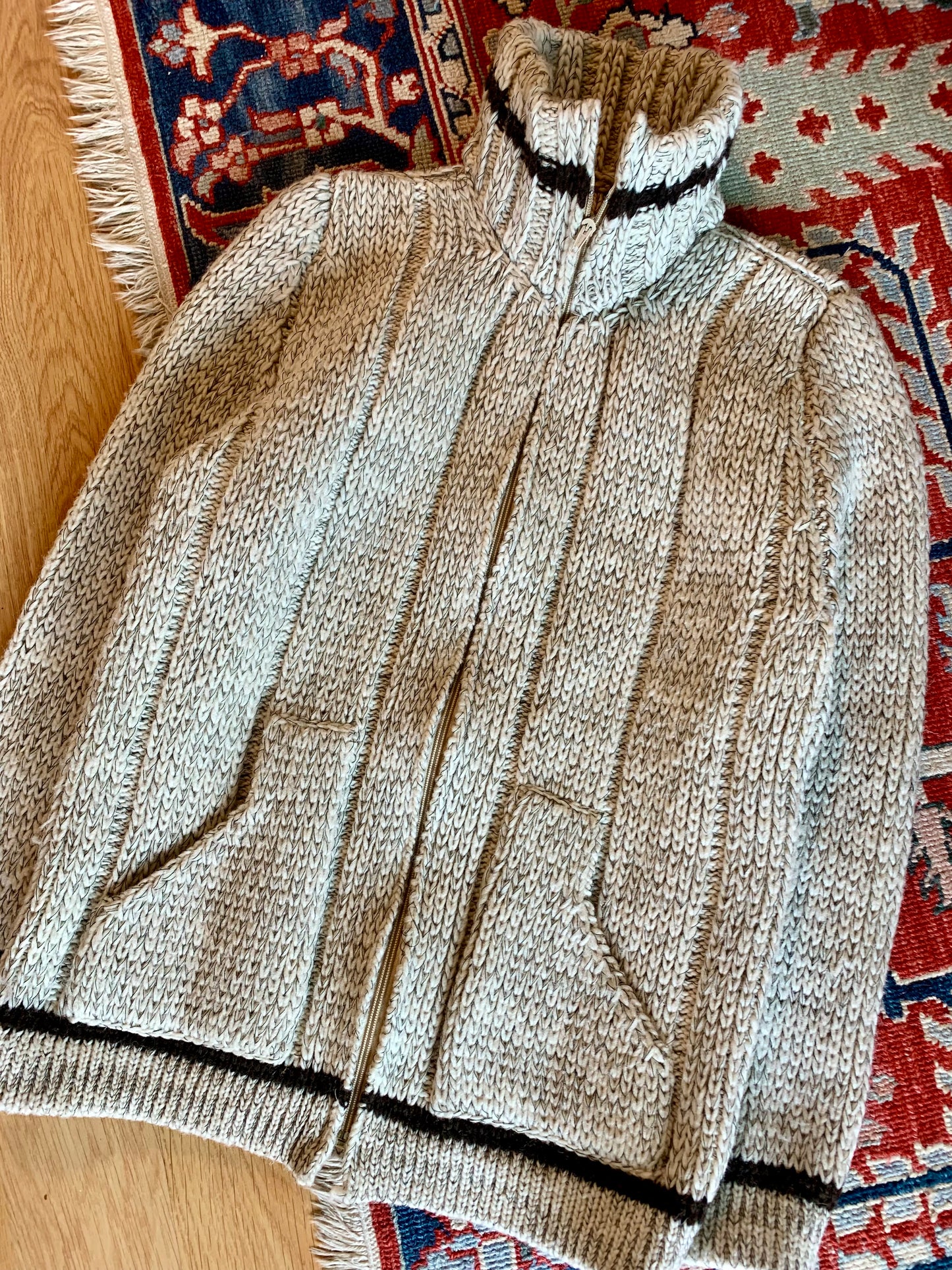 Vintage 1970’s Handmade Full Zip Wool Cowichan Sweater- Sz Med